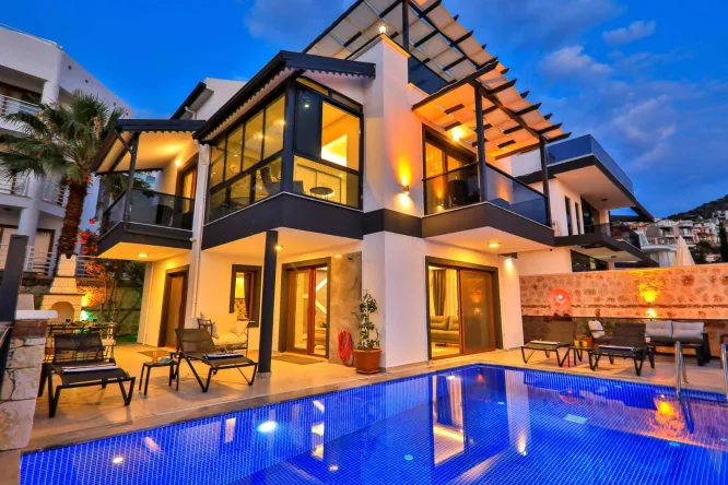 Kalkan Kışla’da Deniz Manzaralı 3 Yatak Odalı Jakuzili Lüks Kiralık Villa - Villa Rainbow